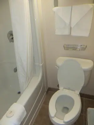 a bathroom with a toilet and a shower and a tub at London Travel Inn in London