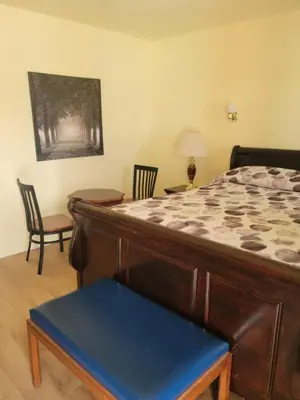 a bedroom with a bed and a table and chairs at Olympia Motel in Niagara Falls
