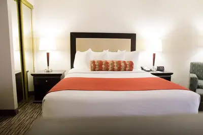 a large bed in a hotel room with two lamps at Admiral Inn Hamilton in Hamilton