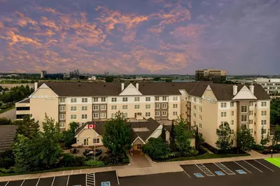 an aerial view of a hotel with a building at Residence Inn by Marriott Toronto Markham in Markham