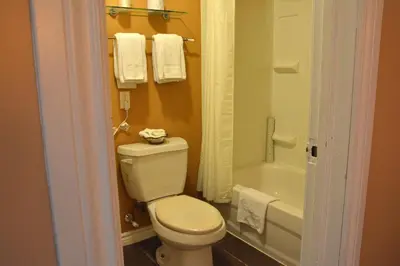 a bathroom with a white toilet and a bath tub at Bracebridge Inn in Bracebridge