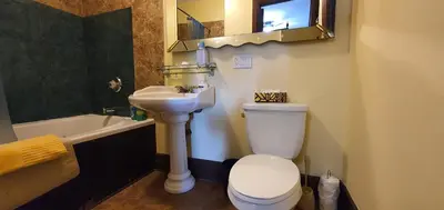 a bathroom with a toilet and a sink and a mirror at A Night to Remember B & B in Niagara Falls