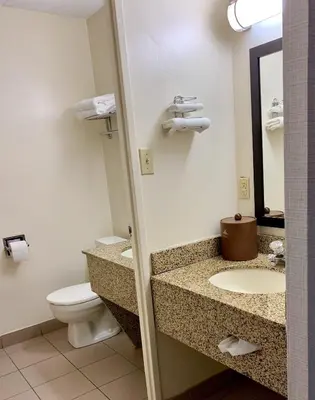 a bathroom with a toilet and a sink and a mirror at Super 5 Inn in Mississauga
