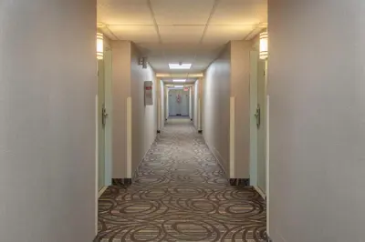 a hallway of a hospital with a long corridor at Super 5 Inn in Mississauga