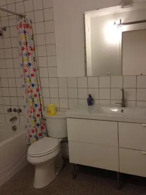 a bathroom with a toilet and a sink and a mirror at Dairy Homestay in Toronto