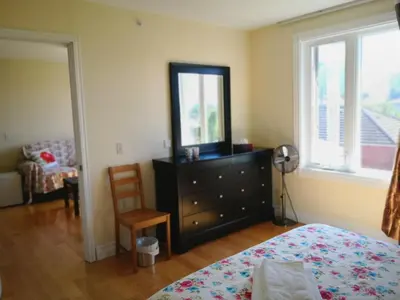 a bedroom with a bed and a dresser with a mirror at Dairy Homestay in Toronto