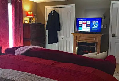 a bedroom with a bed and a tv and a fireplace at Butler Creek House in Niagara on the Lake