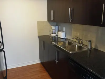 a kitchen with a stainless steel sink and black cabinets at 2 Bedroom 1 Bathroom Prime Location in Mississauga in Mississauga