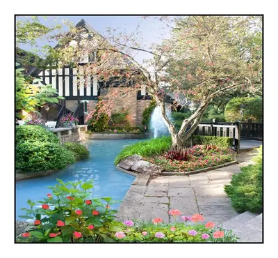 a painting of a river with a tree and flowers at Old Mill Toronto Hotel in Toronto