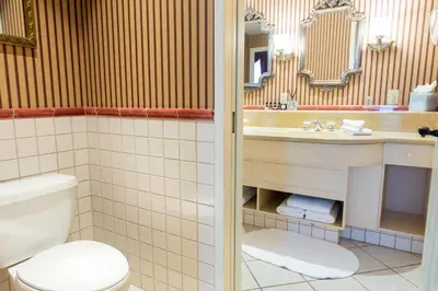 a bathroom with a toilet and a sink and a mirror at Old Mill Toronto Hotel in Toronto