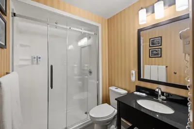 a bathroom with a shower and a toilet and a sink at Comfort Inn in Saint Thomas