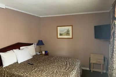 a hotel room with a bed and a television at Lucien Motel in Whitby