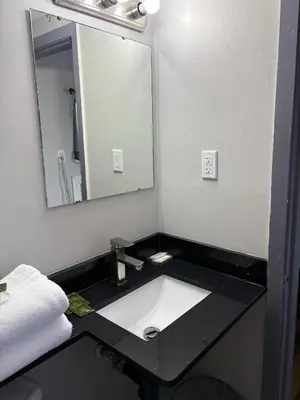 a bathroom with a sink and a mirror at Advance Inn in Niagara Falls