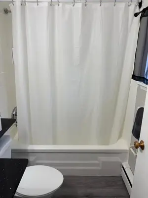 a white shower curtain in a bathroom with a toilet at Advance Inn in Niagara Falls