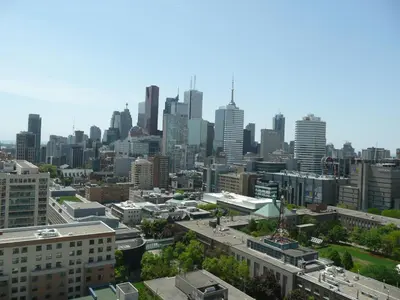 an aerial view of a city with tall buildings at Neill Wycik Hostel in Toronto