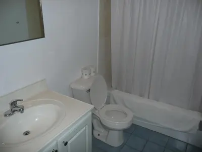 a bathroom with a sink and a toilet and a tub at Neill Wycik Hostel in Toronto