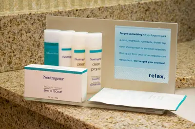 a box of products sitting on a counter at Hampton Inn Toronto-Mississauga West in Mississauga