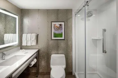 a bathroom with a toilet and a sink and a shower at Hilton Garden Inn Toronto-Oakville in Oakville