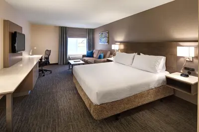 a hotel room with a large bed and a living room at Hilton Garden Inn Toronto-Oakville in Oakville