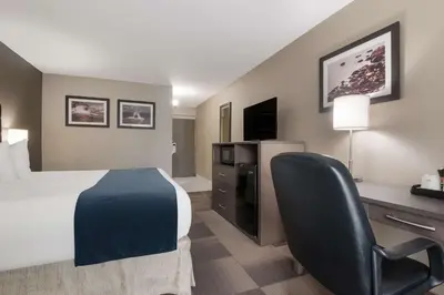a hotel room with a bed and a desk and a chair at Best Western St Catharines Hotel & Conference Centre in St. Catharines