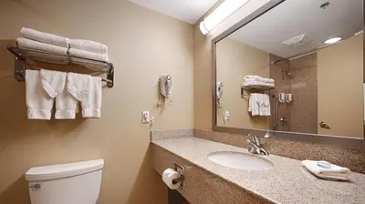 a bathroom with a toilet and a sink and a mirror at Best Western Plus Barrie in Barrie