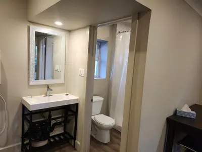 a bathroom with a toilet and a sink and a mirror at Fairway Inn & Suites in Kitchener