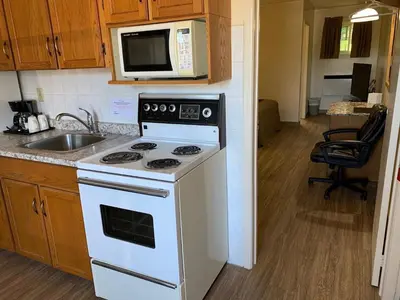 a kitchen with a stove and a sink and a microwave at Newmarket Inn in Newmarket