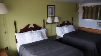 two beds in a room with green walls at Robyn's Motel in Peterborough