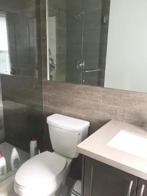 a bathroom with a toilet and a shower and a sink at Comfortable private space in Pickering