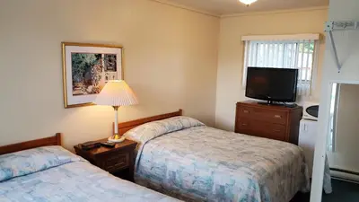 a bedroom with two beds and a tv and a lamp at Wasaga Beach Inn And Cottages in Wasaga Beach