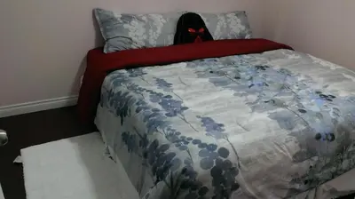 a bed with a comforter with a spider man on it at HB Guest Home 5 in Waterloo