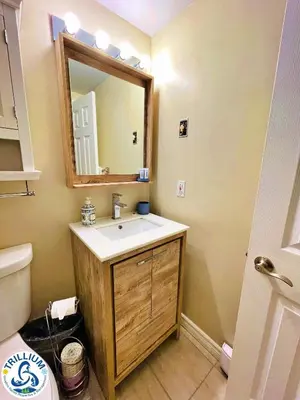 a bathroom with a sink and a mirror at Rustic Mountainside Chalet in Blue Mountains