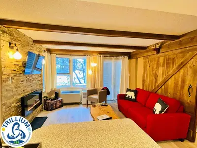 a living room with a red couch and a tv at Rustic Mountainside Chalet in Blue Mountains