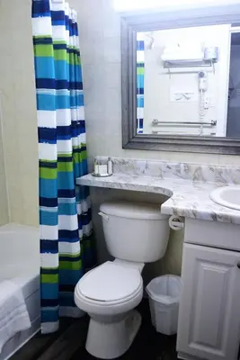 a bathroom with a toilet and a sink and a mirror at Stratford Suburban Motel in Stratford
