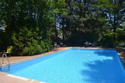 a large blue swimming pool with chairs and trees at Stratford Suburban Motel in Stratford