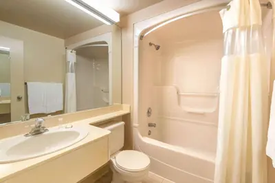 a bathroom with a sink and a toilet and a shower at Howard Johnson by Wyndham Tillsonburg in Tillsonburg