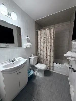 a bathroom with a sink and a toilet and a shower at Guest Inn Motel in Trenton