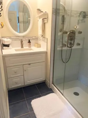 a bathroom with a shower and a sink at Cottage on Caledonia Bed & Breakfast in Stratford