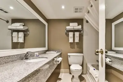 a bathroom with a toilet and a sink and a mirror at Best Western Plus Cambridge Hotel in Cambridge