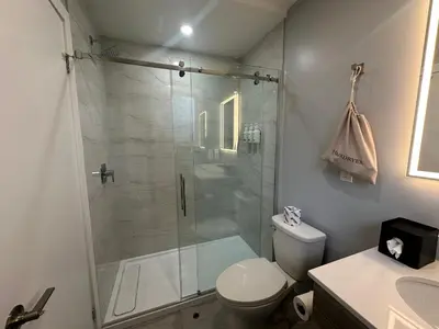 a bathroom with a shower and a toilet and a sink at Travelodge by Wyndham Bracebridge in Bracebridge