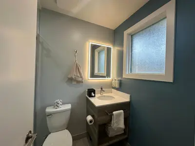 a bathroom with a toilet and a sink and a window at Travelodge by Wyndham Bracebridge in Bracebridge