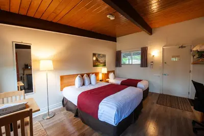 a hotel room with two beds and a desk at Lakeview Motel in Haliburton