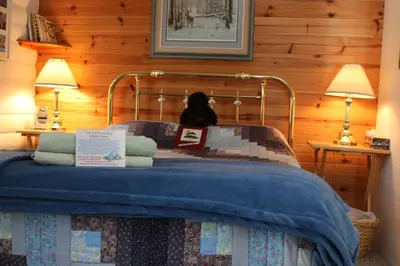 a bed with a black dog sitting on top of it at Sunny Rock Bed & Breakfast in Minden