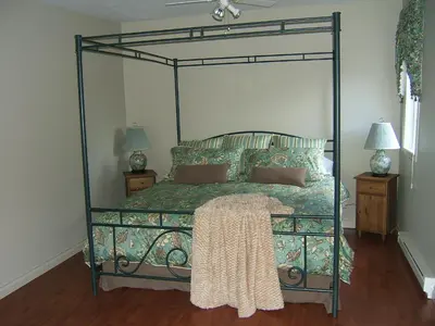 a bedroom with a bed with a metal canopy at Dominion Hotel in Minden