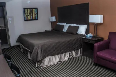 a hotel room with a bed and a purple chair at Mississauga Gate Inn in Mississauga