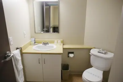 a bathroom with a sink and a toilet and a mirror at Residence & Conference Centre- Barrie in Barrie