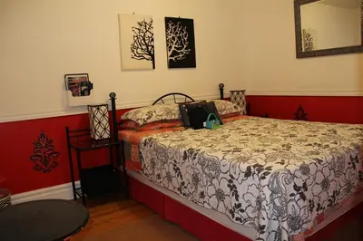 a bedroom with a bed and a mirror on the wall at Cozy House B&B in Niagara Falls