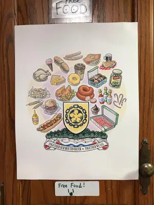 a drawing of different types of food on a door at Pring Guesthouse in Hamilton