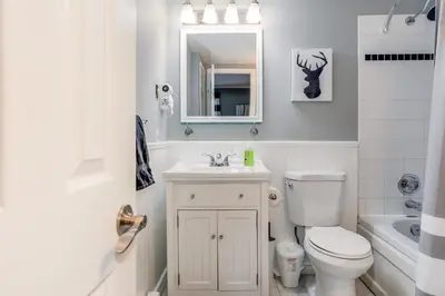 a bathroom with a toilet and a sink and a mirror at Blue Mountain Getaway at North Creek Resort King Bed in Blue Mountains