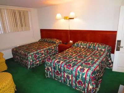 two beds in a hotel room with green carpet at Canadiana Motel in Hanover